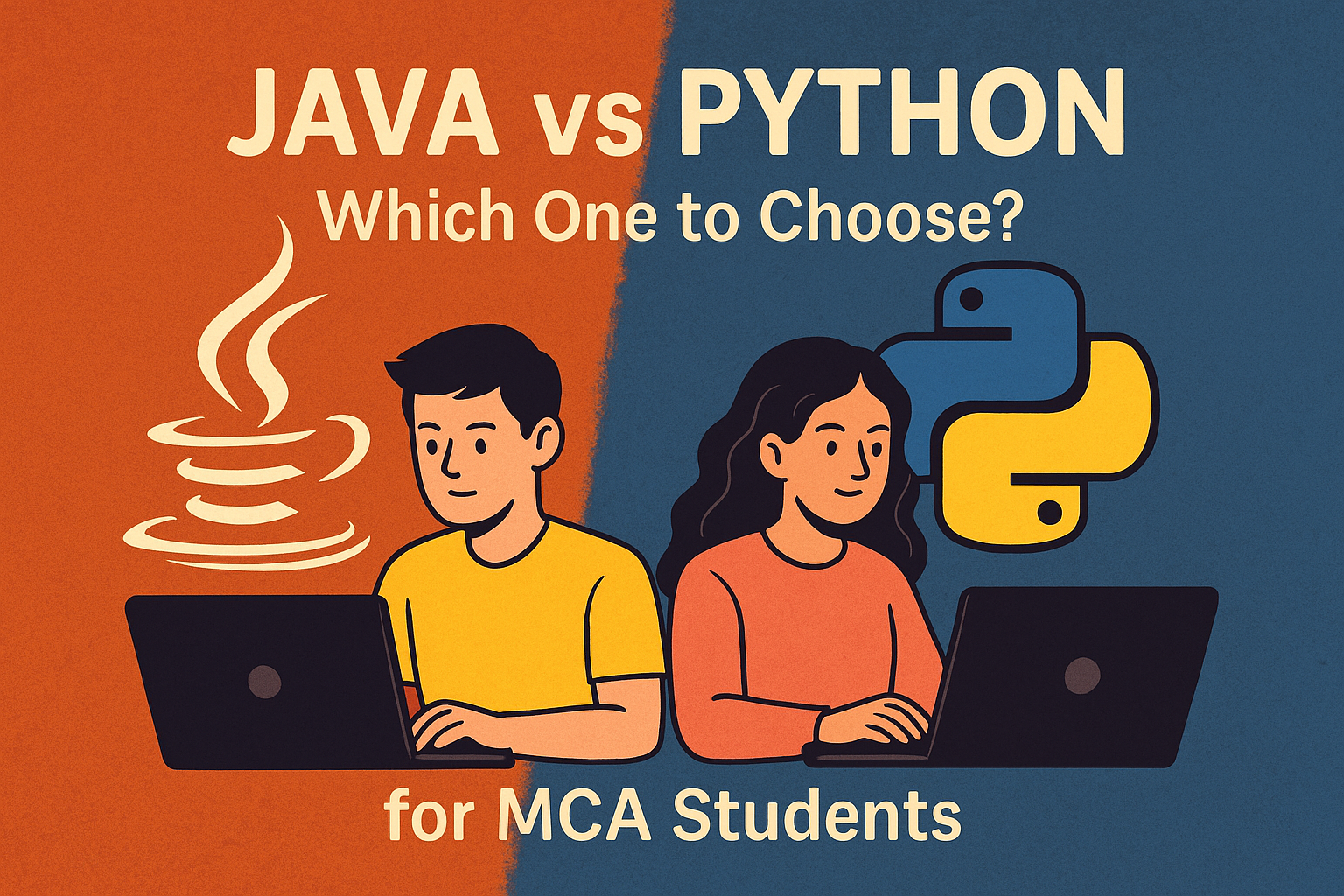 Modern artistic illustration comparing Java and Python programming languages for MCA students – ideal choice guide for 2025