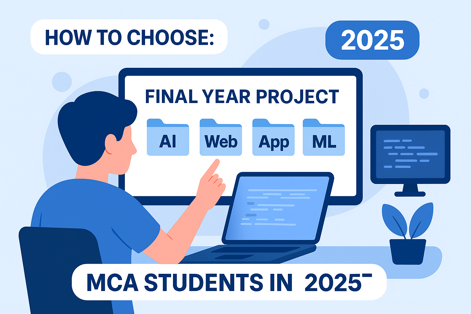 Modern illustration of a student selecting the right final year MCA project in 2025 using a laptop and coding screen